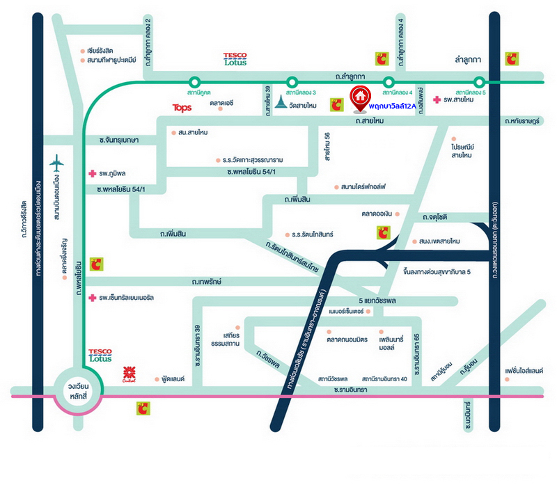 *****ทาวน์เฮ้าส์มือสองกรุงเทพ โครงการ พฤกษาวิลล์12A พหลโยธิน-สายไหม เนื้อที่กว้าง 27.10 ตร.ว. พื้นที่ใช้สอย 120 ตร.ม. ฟังก์ชัน 4 ห้องนอน 2 ห้องน้ำ 1 ที่จอดรถ บนทำเลดี เดินทางสะดวก เชื่อมต่อถนนลำลูกกา, ถนนพหลโยธิน ถนนวิภาวดี-รังสิต, ถนนหทัยราษฏร์ ใกล้รถไฟฟ้าสายสีเขียว "สถานีคูคต" จุดขึ้นทางด่วน "ฉลองรัช" และสนามบินดอนเมือง